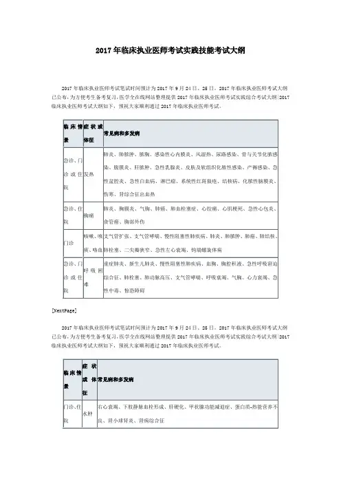 2017年临床执业医师考试实践技能考试大纲