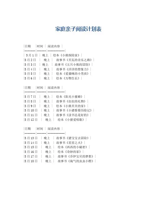 家庭亲子阅读计划表