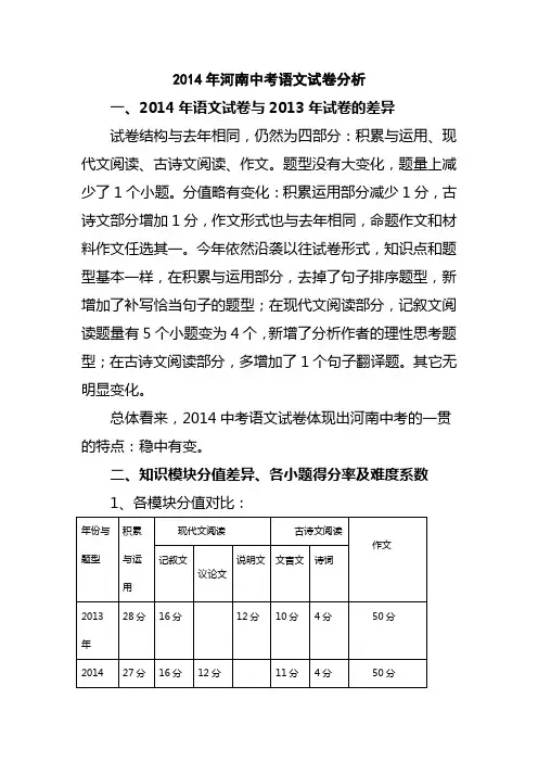 2014年河南中考语文试卷分析
