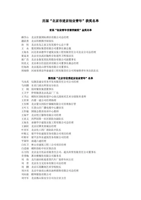 历届北京市进京创业青年获奖名单