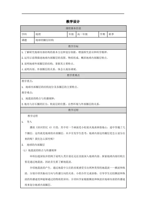地球的圈层结构教学设计 高中地理人教版(2019)必修一