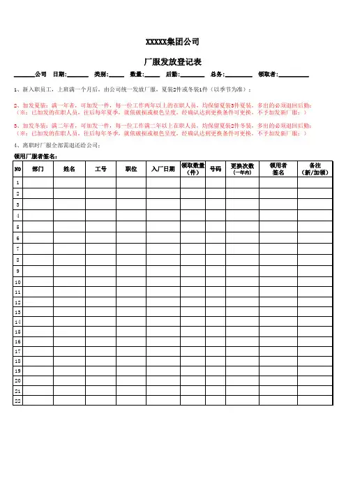 厂服领用登记表