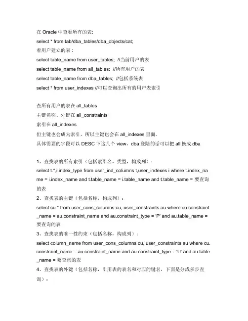 Oracle中查看所有的表,用户表,列名,主键,外键