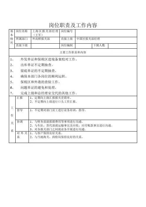 报关部经理岗位说明书模板
