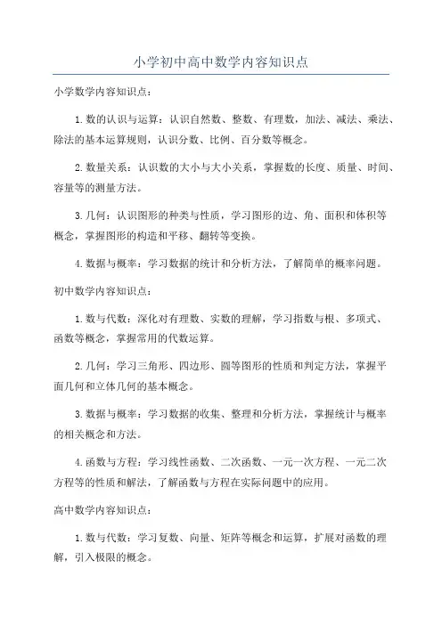 小学初中高中数学内容知识点