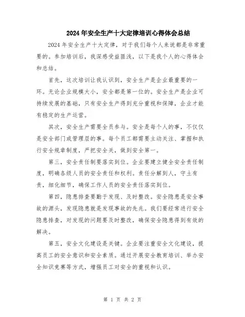 2024年安全生产十大定律培训心得体会总结