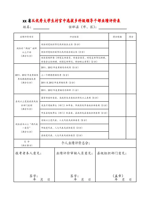 从优秀大学生村官中选拔乡科级领导干部业绩评价表