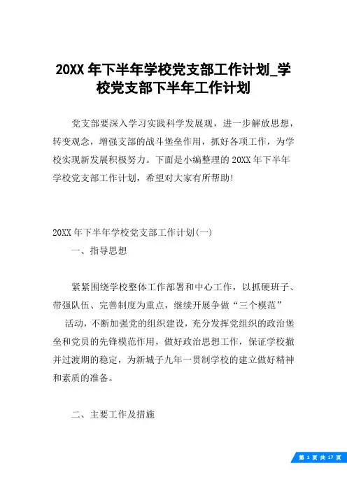 20XX年下半年学校党支部工作计划_学校党支部下半年工作计划