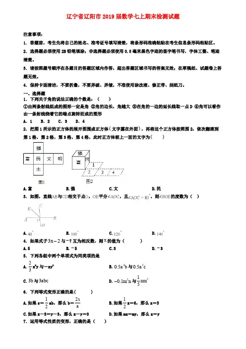 辽宁省辽阳市2019届数学七上期末检测试题