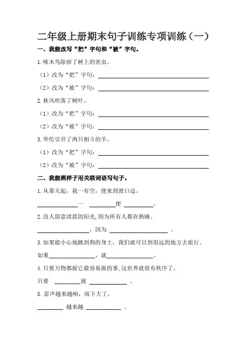 二年级语文上册   期末句子训练专项训练(一)(含答案)(部编)