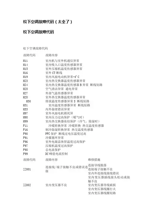 松下空调故障代码（太全了）