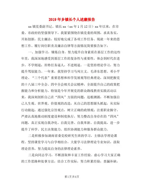 2019年乡镇长个人述廉报告