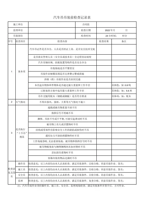 汽车吊吊装前检查记录表