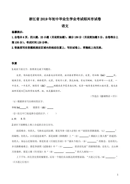 精品解析：浙江省绍兴市2019年中考语文试题(原卷版)