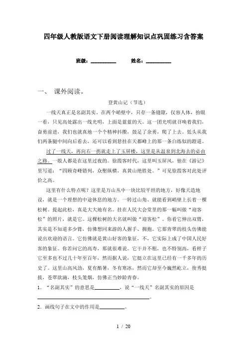 四年级人教版语文下册阅读理解知识点巩固练习含答案