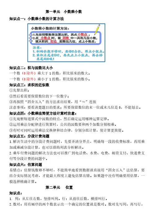 五年级上册知识点整理数学