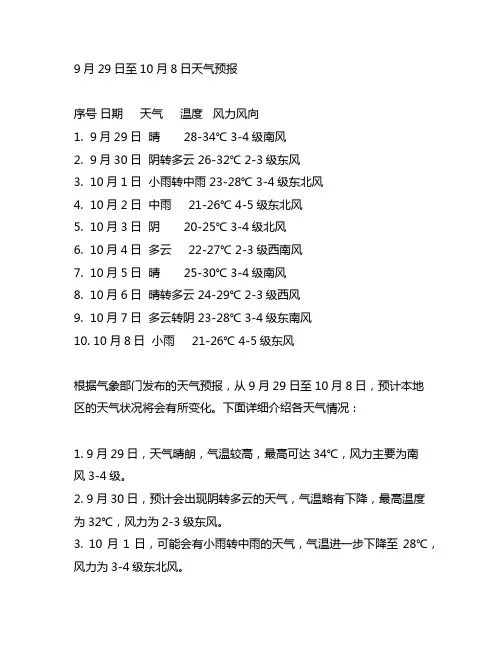 9月29日到10月8日的天气预报表格