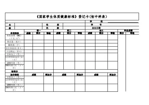 《国家学生体质健康标准》登记卡(初中样表)
