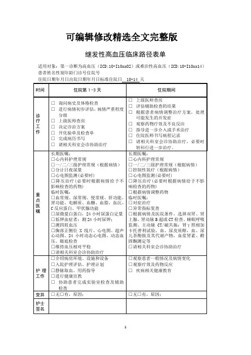 继发性高血压临床路径表单精选全文完整版