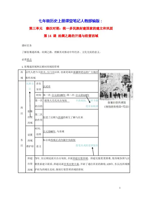 七年级历史上册第三单元第14课丝绸之路的开通与经营西域课堂笔记人教部编版