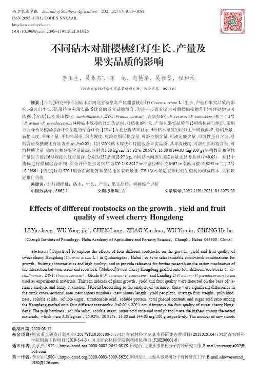 不同砧木对甜樱桃红灯生长、产量及果实品质的影响