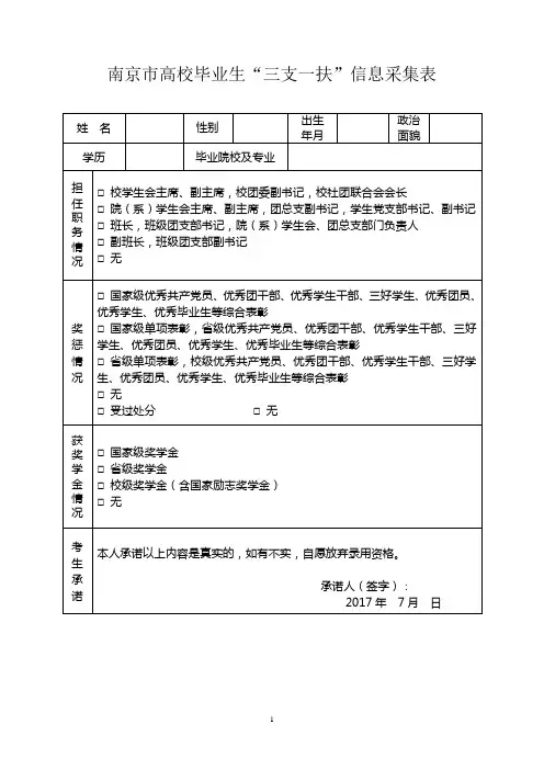 南京高校毕业生三支一扶信息采集表