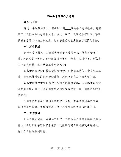 2024年水管员个人总结(2篇)