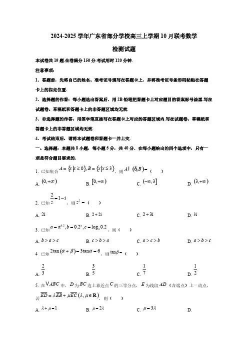 2024-2025学年广东省部分学校高三上学期10月联考数学检测试题