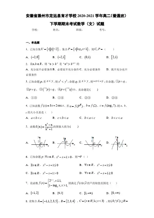 安徽省滁州市定远县育才学校2020-2021学年高二(普通班)下学期期末考试数学(文)试题