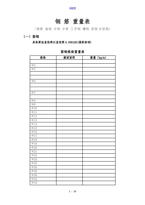 钢构件理论重量表格
