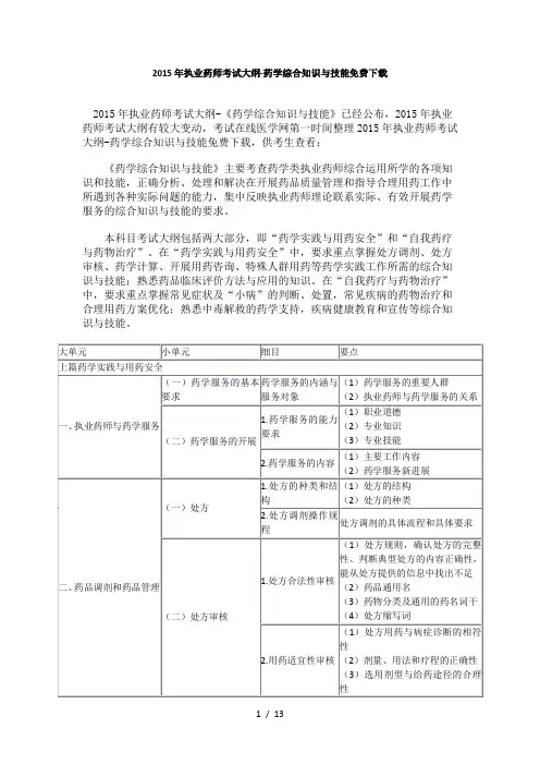 2015年执业药师《药学综合知识与技能》考试大纲
