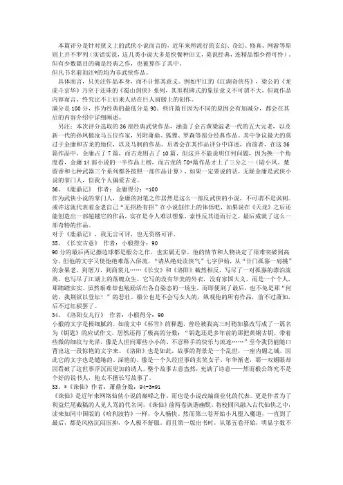 武侠小说百分制排行榜(36名)