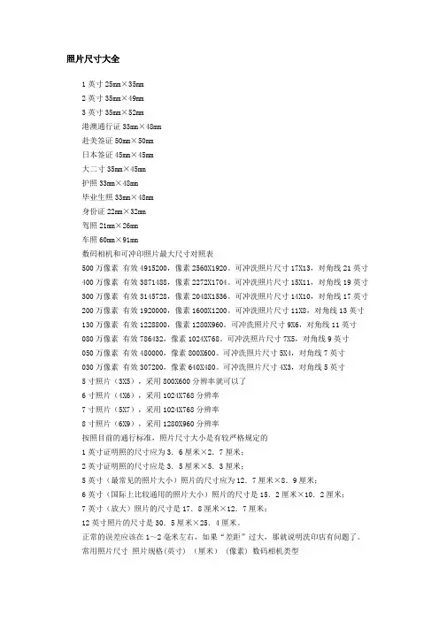 照片规格尺寸大全