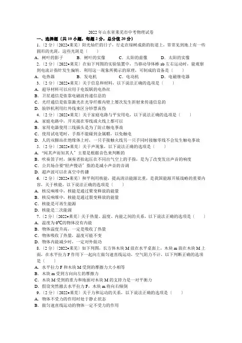 2022年山东省莱芜市中考物理试卷解析