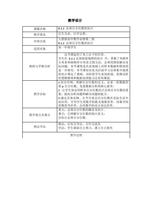 9.2.2总体百分位数的估计+教学设计-高一下学期数学人教A版(2019)必修第二册