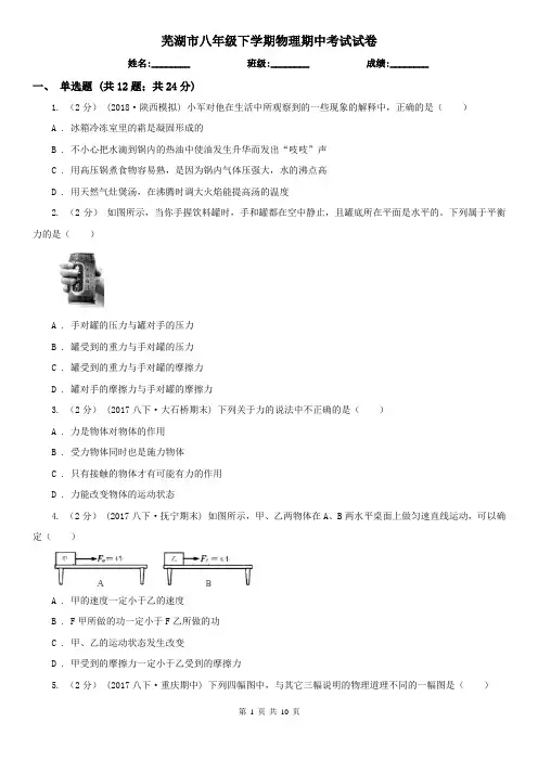 芜湖市八年级下学期物理期中考试试卷