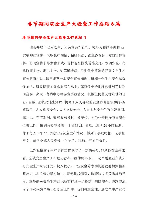 春节期间安全生产大检查工作总结6篇