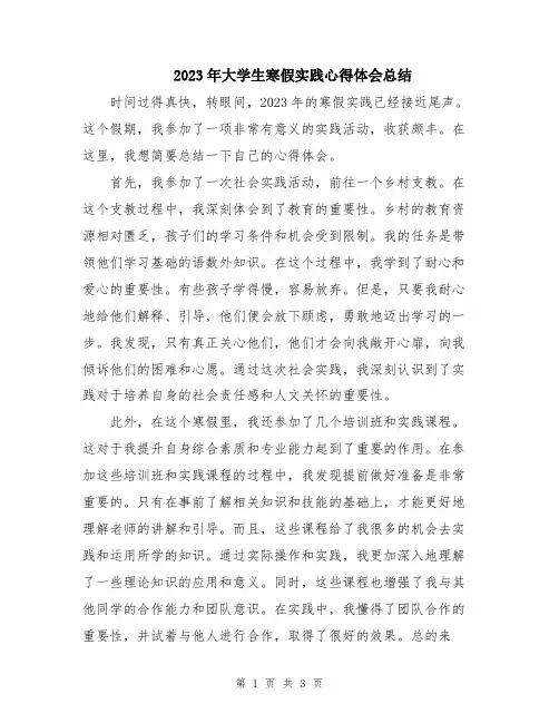 2023年大学生寒假实践心得体会总结