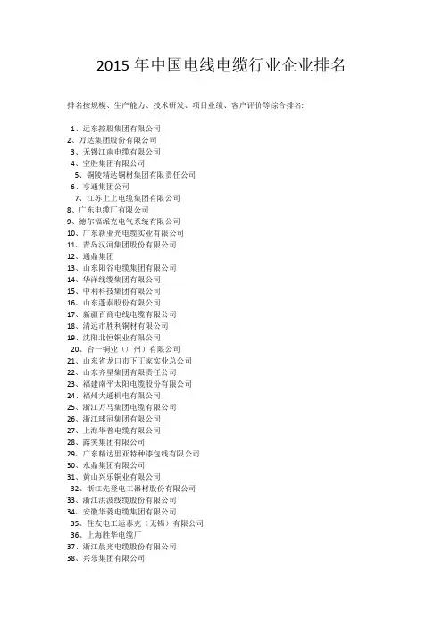 2015年中国电线电缆行业企业排名