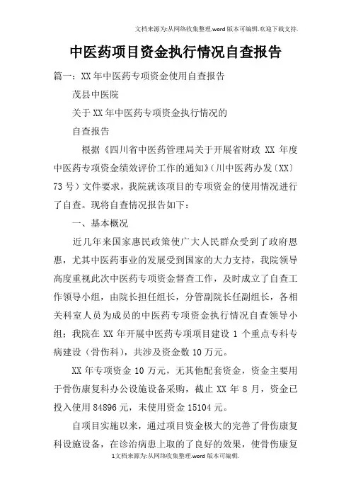 中医药项目资金执行情况自查报告