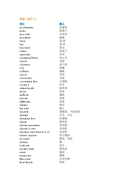 准国际高中学生暑假必背物理英文词汇表
