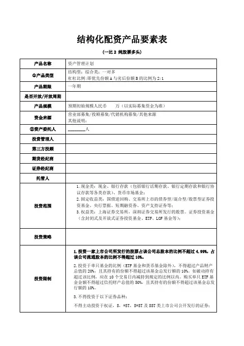 结构化配资产品要素表(一比二 纯股票多头) - 0427版