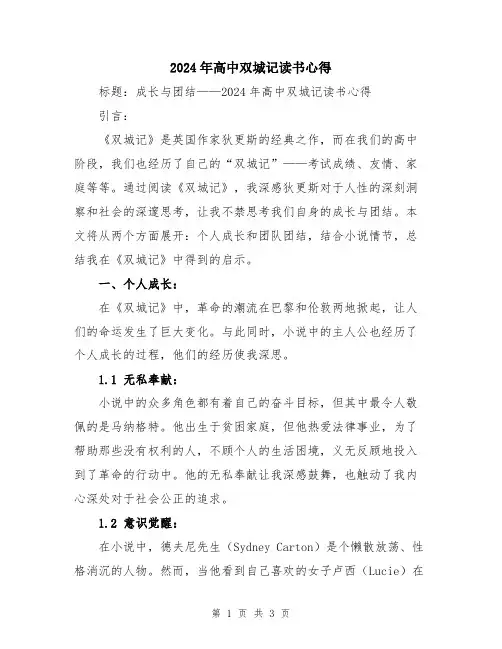 2024年高中双城记读书心得