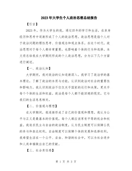 2023年大学生个人政治思想总结报告