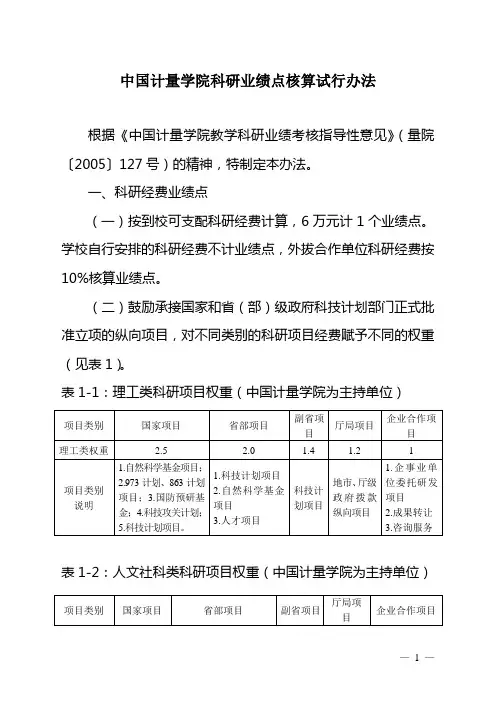 中国计量学院科研业绩点核算试行办法
