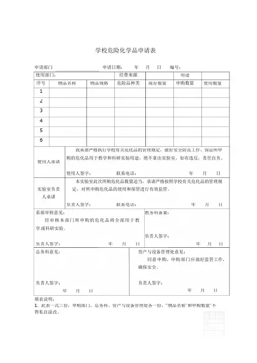 学校危险化学品申请表、处置申请表