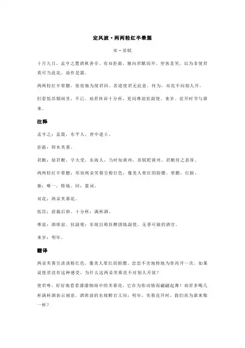 苏轼《定风波 两两轻红半晕腮》全诗翻译及赏析