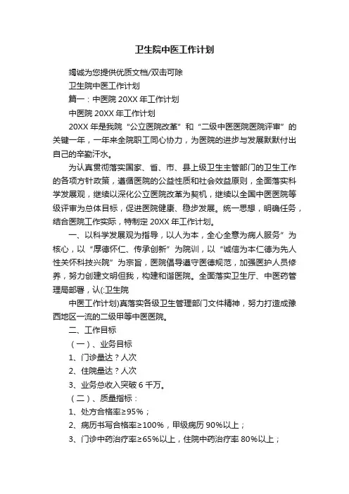 卫生院中医工作计划