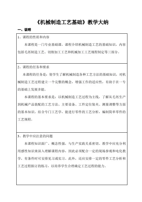 机械制造工艺基础教学大纲