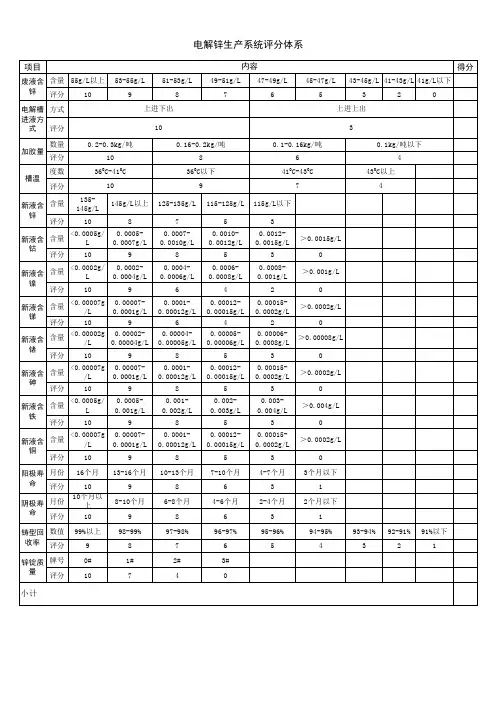 电解锌生产系统评分体系 Book1
